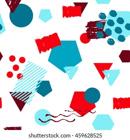 Seamless colorful geometric pattern background inspired by memphis style. Illustration with triangle, square, circle for textile design, fashion poster.