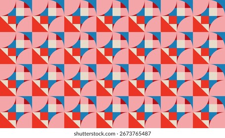 Patrón geométrico colorido sin fisuras con círculos, triángulos y cuadrados en tonos rojos, rosados, azules y crema