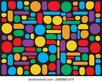 Modelo geométrico colorido inconsútil con los círculos, los óvalos, y las Formas redondeadas en tonos brillantes del arco iris. Perfecto para el diseño textil, embalaje, Fondos de pantalla, papel de embalaje y fondos digitales.