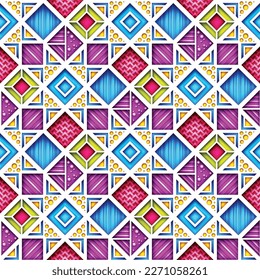 Seamless Colorful Geometric Pattern, Crazy Patchwork Quilt Ornament. Endless Modern Mosaic Texture.  Fabric Textile, Wrapping Paper, Wallpaper. Vector 3d Illustration. Abstract Art