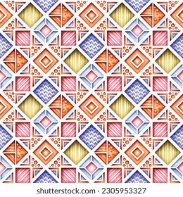 Seamless Colorful Geometric Pattern, Crazy Patchwork Quilt Ornament. Endless Modern Mosaic Texture.  Fabric Textile, Wrapping Paper, Wallpaper. Vector 3d Illustration. Abstract Art