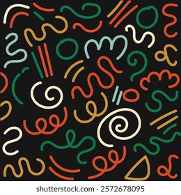 Seamless colorful geometric pattern. Fashion 80-90s style with various shapes: circles, semicircles, dots, zigzags, spirals, wavy lines. Hipster Memphis style.Cute kid doodle 