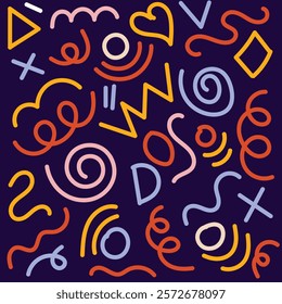 Seamless colorful geometric pattern. Fashion 80-90s style with various shapes: circles, semicircles, dots, zigzags, spirals, wavy lines. Hipster Memphis style.Cute kid doodle 