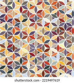 Seamless colorful geometric pattern with overlapping circles on a white background. Abstract retro style. Pastel colors yellow, red, blue, and purple. Vector illustration.