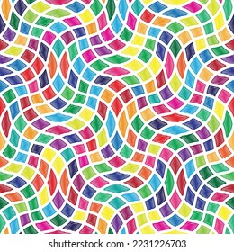 Seamless colorful geometric pattern with repeating squares on wavy lines. Hand-drawn scribbles in a multicolor rainbow style. Mosaic of colored tiles on a white background. Vector illustration.