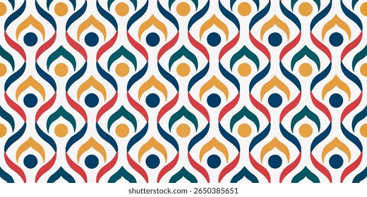 A seamless, colorful geometric pattern with a repeating motif of abstract figures, characterized by curves and circles in a warm palette.
