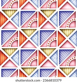 Seamless Colorful Geometric Pattern with Triangles. Endless Modern Mosaic Texture.  Fabric Textile, Wrapping Paper, Wallpaper. Vector 3d Illustration. Abstract Art
