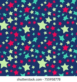Seamless colorful geometric pattern. Vector abstract background with stars. Patterned paper wallpaper for scrapbooking. Memphis style