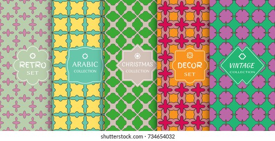 Seamless colorful geometric patterns for card, invitation, fabric paper print. Stylish decorative vintage, retro, arabic, christmas label decor set. Art Deco style, abstract frame, vector illustration