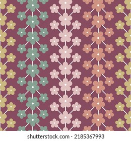 Seamless colorful geometric simple flower pattern on red background. Abstract floral ornament. background, wallpaper, textile printing, packaging, wrapper.