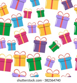 Seamless Colorful Gift Pattern. Vector illustration with different gift boxes in the flat style