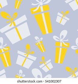 Seamless Colorful Gift Pattern. Vector illustration with different gift boxes in the flat style for your design.Textile, blog decoration, banner, poster, wrapping paper.