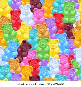 Seamless colorful gummy bears candies background. Sweets vector pattern.