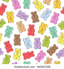 Seamless colorful gummy bears candies background. Hand drawn sweets vector pattern.