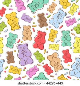 Seamless colorful gummy bears candies background. Hand drawn sweets vector pattern.