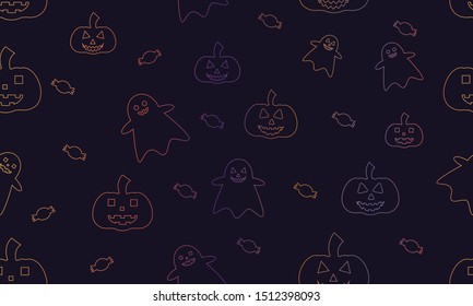 Seamless colorful halloween. Ghost with pumpkin and candy colorful on dark background. Vector use for gift wrap.
