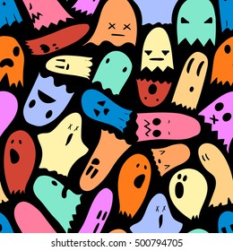 Seamless colorful Halloween pattern, hand-drawn ghosts pattern with funny expressions, halloween characters in cartoons style, EPS 8