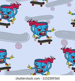 Seamless colorful Hand draw coffee cup graffiti cartoon playing skateboard with hand rock sign on blue background, Textile pattern, Eps 10 vector