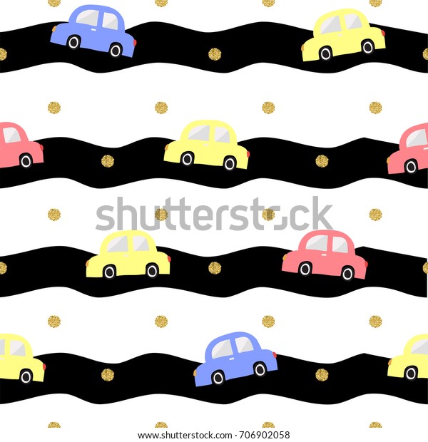 seamless colorful hand drawn car with gold dot
glitter pattern on stripe
background