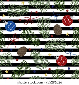 seamless colorful hand drawn christmas ball with green leave pattern on stripe background