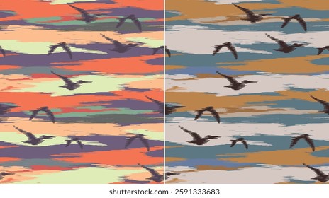 Seamless, colorful hand drawn flock of birds flying in the sky pattern, Japanese, ethnic folk brush stroke, wood carving, engraving textured surface background,  graphic for textile, decoration, 