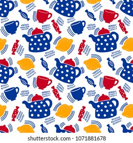 Seamless colorful hand drawn pattern with teapot, lemon, sweet candy and cups. Scandinavian design style. Simple background for cafe, textile, wrapping paper etc. Vector illustration