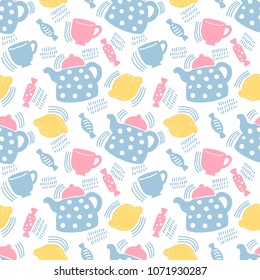 Seamless colorful hand drawn pattern with teapot, lemon, sweet candy and cups. Scandinavian design style. Simple background for cafe, textile, wrapping paper etc. Vector illustration