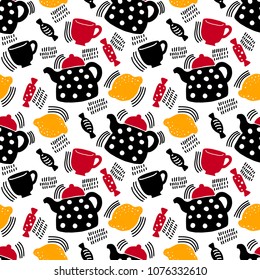 Seamless colorful hand drawn pattern with teapot, lemon, sweet candy and cups. Scandinavian design style. Simple background for cafe, textile, wrapping paper etc. Vector illustration