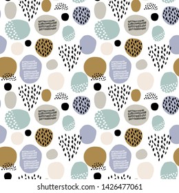 Seamless colorful hand drawn pattern with dots and hearts. Abstract childish texture  Vector illustration