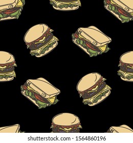 Seamless colorful hand drawn pattern of sandwich and burger on black background.