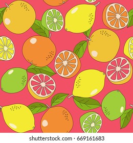 Seamless colorful hand drawn vector pattern with lemons, oranges and limes