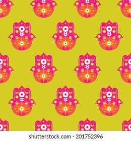 Seamless colorful hand of fatima arabic hamsa illustration background pattern print in vector