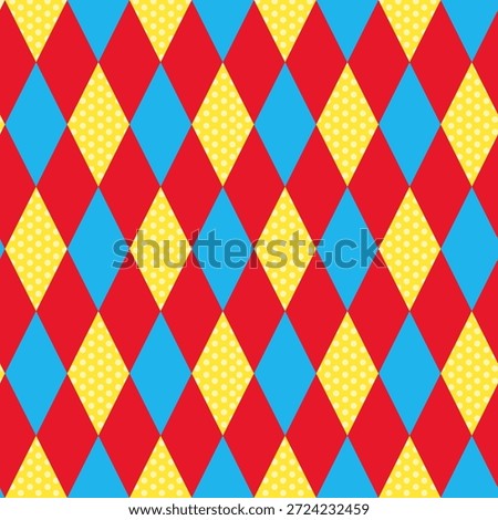 Seamless colorful harlequin diamond pattern in red, yellow, and blue, bold geometric background inspired by circus and retro style.