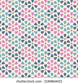 Seamless colorful heart flower with polka dots on cream background. Abstract floral geometric texture for prints, textile, wrapping, fabric, package, cover.