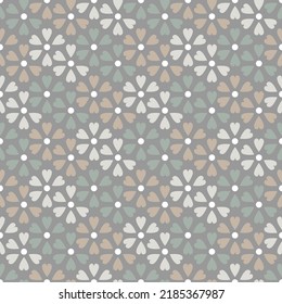 Seamless colorful heart flower with polka dots on grey background. Abstract floral geometric texture for prints, textile, wrapping, fabric, package, cover.