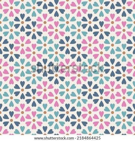 Seamless colorful heart flower with polka dots on cream background. Abstract floral geometric texture for prints, textile, wrapping, fabric, package, cover.