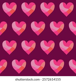 Seamless colorful heart pattern illustration. Cute and romantic vector design background. Colors: bean red, pink, and eggshell.