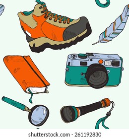 Seamless colorful hiking pattern in vector