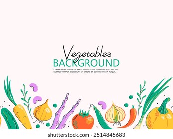 Seamless colorful horizontal background of from a set of vegetables on light background, drawing, hand drawn illustration, copy space, flat style