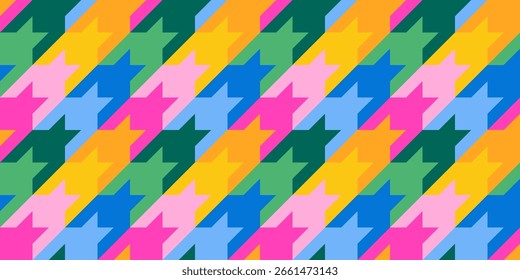Seamless colorful houndstooth vector pattern in rainbow palette, perfect for trendy fabric prints, digital backgrounds, playful wrapping paper, and cheerful surface design projects