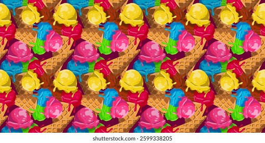 Seamless colorful ice cream pattern with waffle cones and melting scoops. Perfect for summer designs, textiles, wallpapers, and packaging