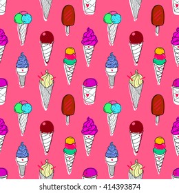 Seamless colorful ice cream pattern, hand-drawn summer background, ice-cream vector, EPS 8