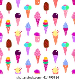 Seamless colorful ice cream pattern, hand-drawn summer background, ice-cream vector, EPS 8