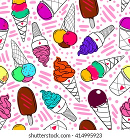 Seamless colorful ice cream pattern, hand-drawn summer background, ice-cream vector, EPS 8