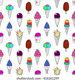 Seamless colorful ice cream pattern, hand-drawn summer background, ice-cream vector, EPS 8