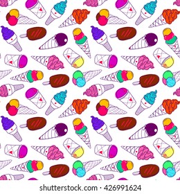 Seamless colorful ice cream pattern, hand-drawn summer background, ice-cream vector, sweet wallpaper, EPS 8