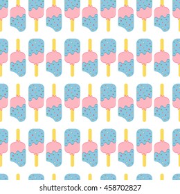 Seamless Colorful Ice Cream Pattern.  Ice Cream Dessert on a Wooden Stick. Vector illustration.
