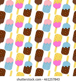Seamless Colorful Ice Cream Pattern.  Ice Cream Dessert on a Wooden Stick. Vector illustration.
