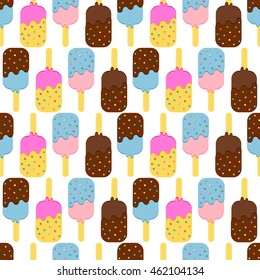 Seamless Colorful Ice Cream Pattern.  Ice Cream Dessert on a Wooden Stick. Vector illustration.
