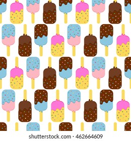 Seamless Colorful Ice Cream Pattern.  Ice Cream Dessert on a Wooden Stick. Vector illustration.
